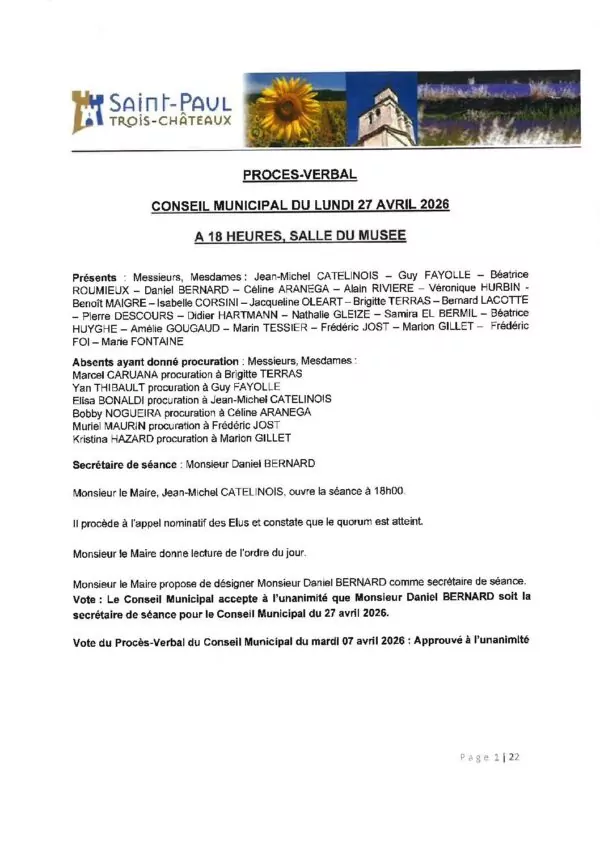 Image du document Procès Verbal Conseil Municipal 27.04.2026