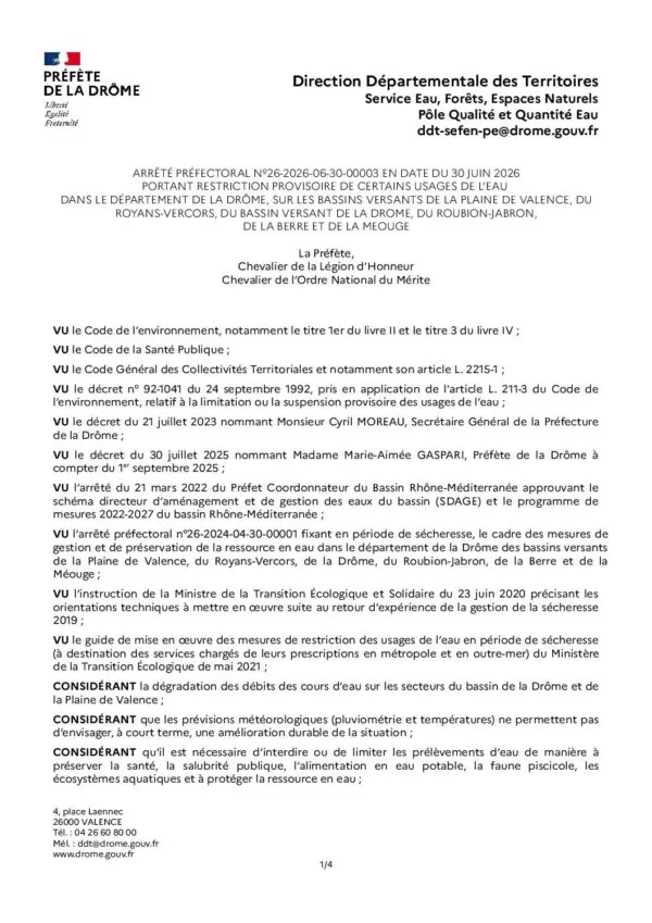 Image du document ARRÊTÉ PRÉFECTORAL – T RESTRICTION PROVISOIRE DE CERTAINS USAGES DE L’EAU